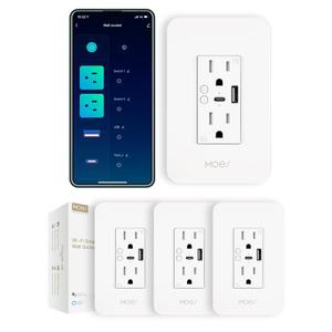MOES Smart USB Wall Outlet Receptacle with Type-C & Type-A Charger, 2.4GHz Wi-Fi in-Wall Plug Socket 4 Pack, Remote Individual Control On/Off 15Amp, NO Hub Required