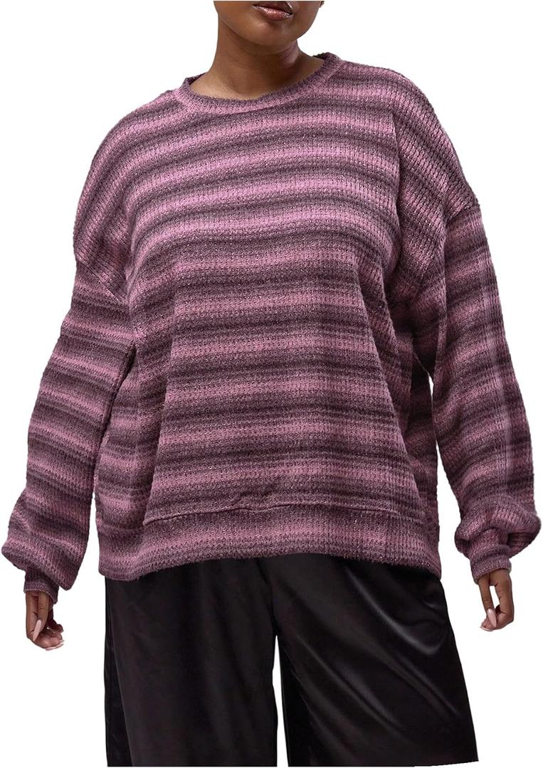 MakeMeChic Women's Winter Plus Size Striped Sweater Long Sleeve Crew Neck Knitted Pullovers, Size 4XL