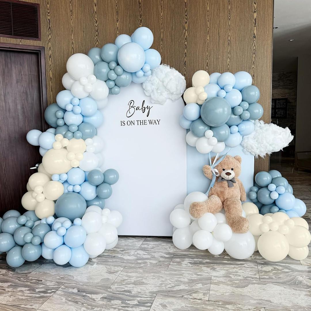 155Pcs Dusty Blue Balloon Arch Garland Kit with Sand White Balloons, Perfect for Baby Shower, Birthday, Wedding, and Gender Reveal Decorations in Dirty Blue