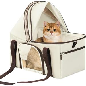 BurgeonNest Top-Expandable Large Cat Carrier, Soft Sided Cat Bag Carrier for Medium Large Pet 15 lbs, Upgrade Small Dog Car Seat, Collapsible Puppy Travel Bag with Semi-Open Mode Canopy (Beige)