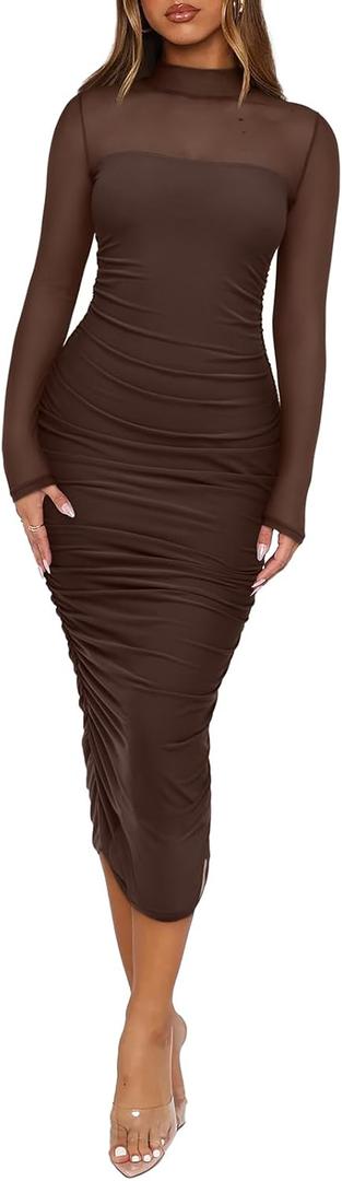 REORIA Women's Fall Mesh Sheer Long Sleeve Midi Ruched Bodycon Dress Mock Neck Elegant Evening Party Cocktail Dresses (Large, Chocolate)