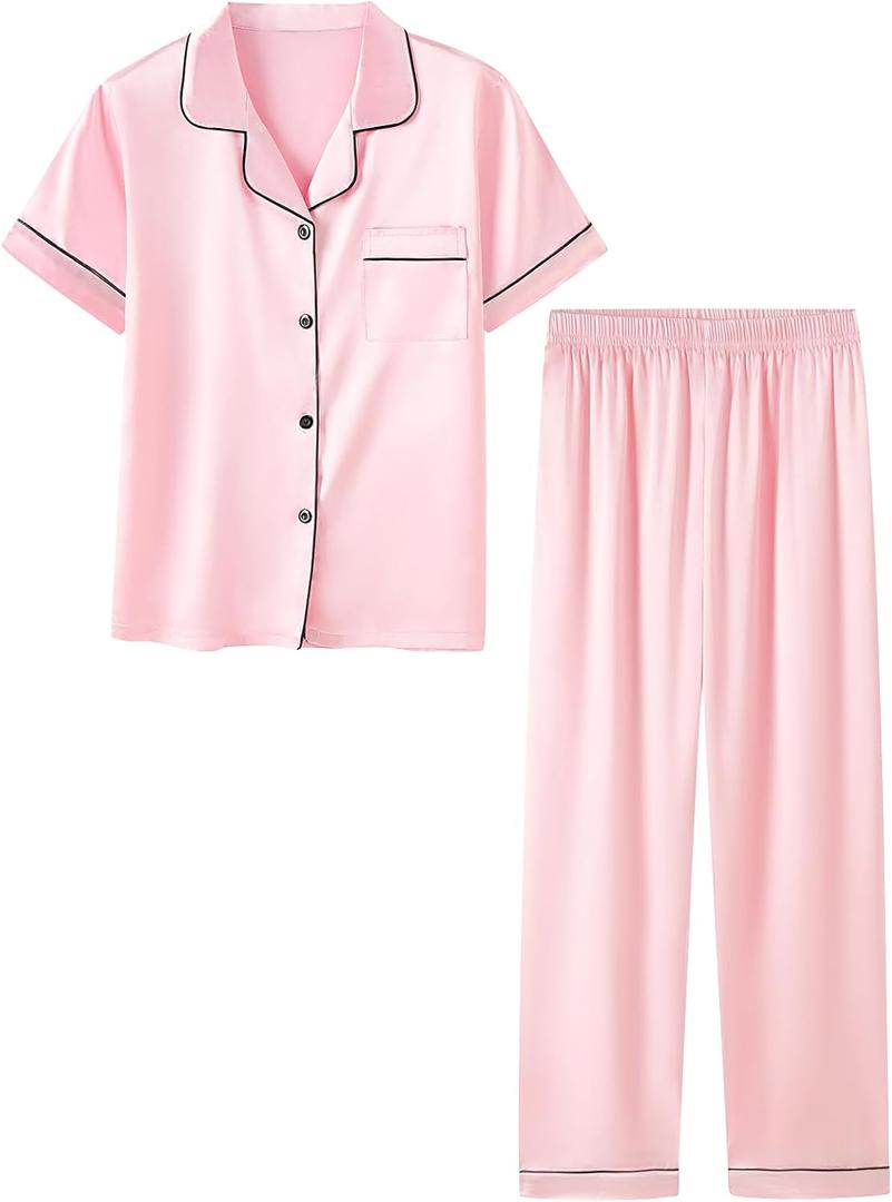Umeyda Girls Womens Pajamas Set, Satin Silky Button Down Loungewear 2 Piece Short Sleeve Pants PJS Sets for Mommy Kids (Medium, Baby Pink)