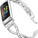 Wearlizer Compatible with Fitbit Fitbit Charge 6/Charge 5 Bands for Women Metal Replacement Cute Band Strap with Bling Rhinestone Bracelet Bangle for Fitbit Charge 6/Charge 5, Silver