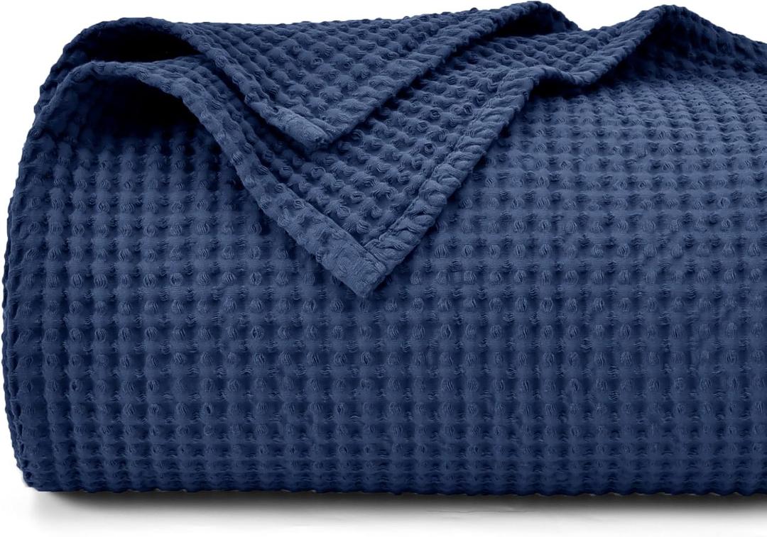 PHF 100% Cotton Waffle Weave Blanket King Size for Bed,Snag Proof Lightweight Breathable Throw for Couch,Great for Layering in Cold Weather,Machine Washable,Home Decor Gift-Navy Blue/Bright Blue (King(104" x 90"))