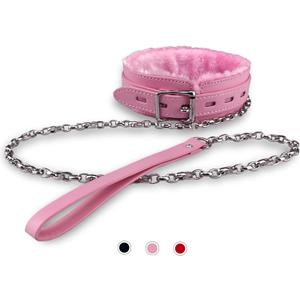 PU Leather Gothic Choker Collar with Long and Durable Detachable Leash Chain Adjustable Collar Necklace, Pink