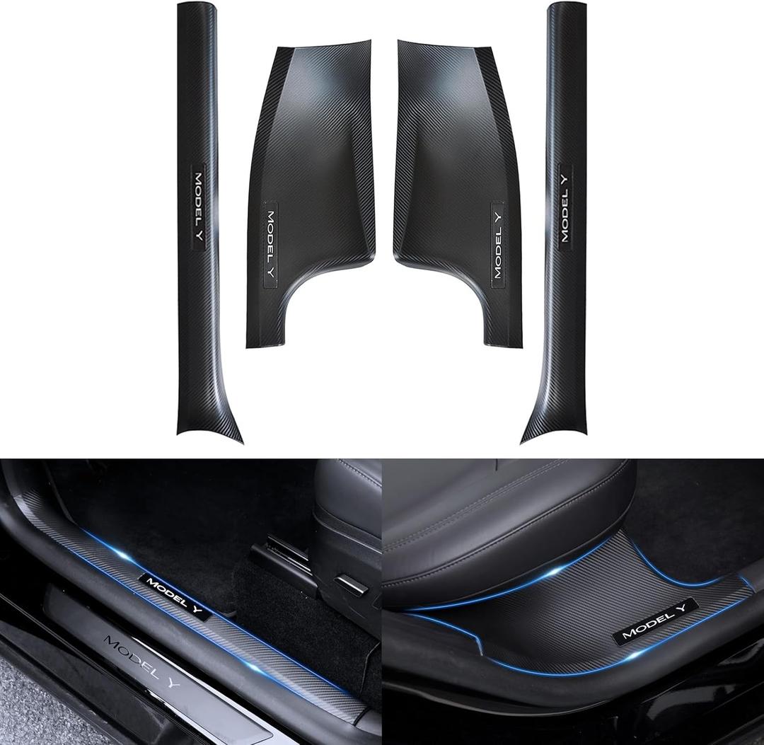 for Tesla Model Y Door Sill Protector, Door Sill Protector for Tesla Model Y 2021-2024 5 Seater Model Y Accessories Carbon Fiber Door Sill Scuff Plate Edge Guard, Not fit 7 Seater