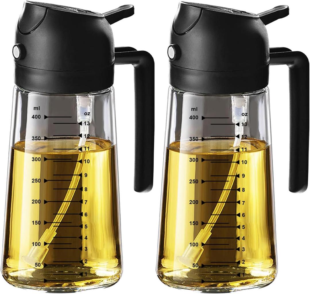TrendPlain 16oz/470ml Glass Olive Oil Sprayer for Cooking  2 in 1 Olive Oil Dispenser Bottle for Kitchen Gadgets and Air Fryer Accessories, Salad, BBQ - 2 Black