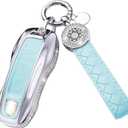 for Porsche Key Fob Cover with Keychain, Blue Leather Rhinestone Key Case Protection Shell Compatible with Cayenne 911 Taycan Panamera Remote Key Bling Car Accessories