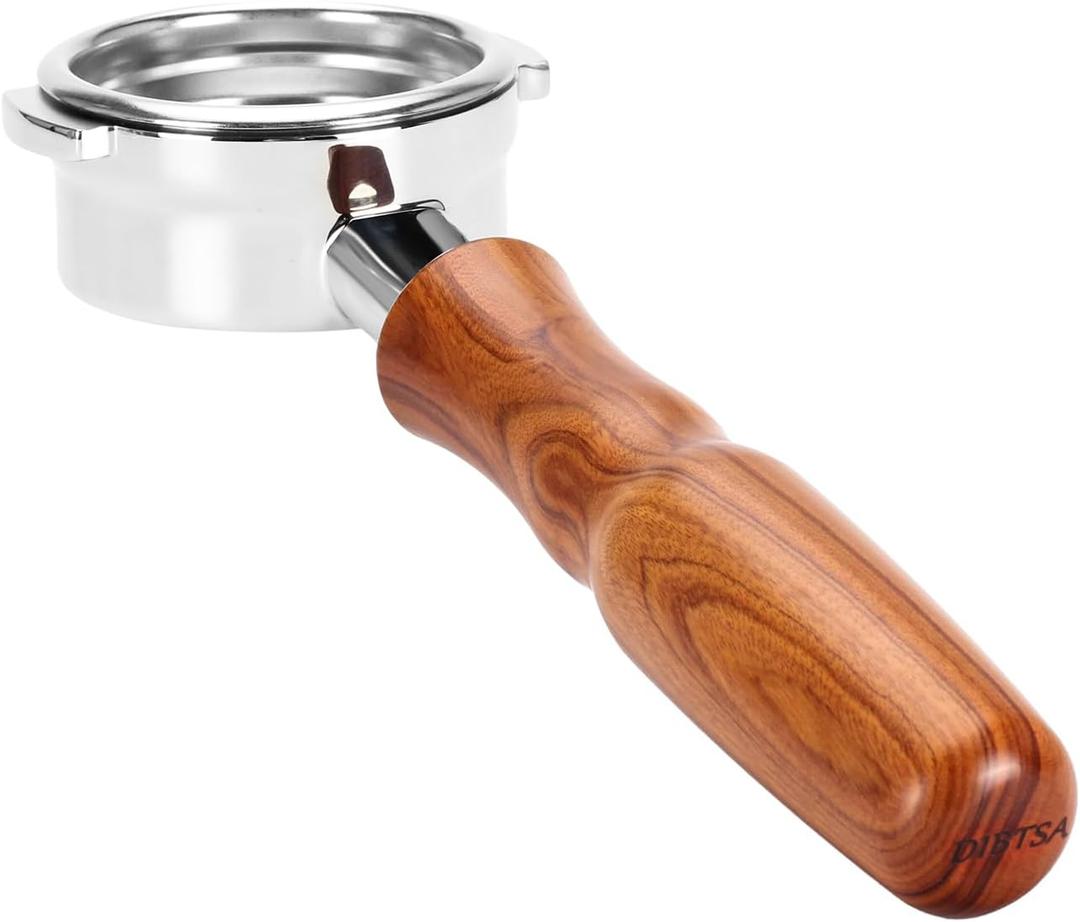 DIBTSA Bottomless Portafilter 58mm Compatible with La Marzocco Machines, Espresso Machine Parts, Wooden Handle with 304 Stainless Steel Filter Basket