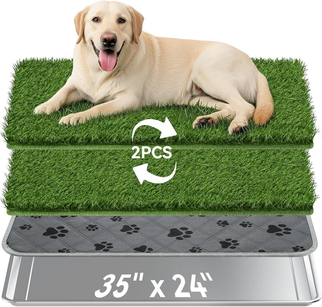 Dog Grass Pad with Tray Large, 35" x 24" Stainless Steel Dog Litter Box with 2 Premium Grass Pads & Reusable Pee Pad - Durable, Rust-Proof, Easy Clean Dog Toilet for Large Dogs Indoor Outdoor Use (Silver + Green)