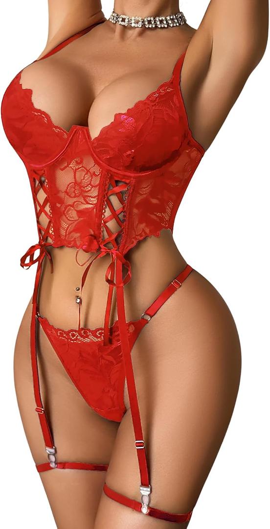 Avidlove Women's Lingerie 4 Piece Garter Lingerie Floral Lace Bra and Panty Sets with Underwire (Red, M)