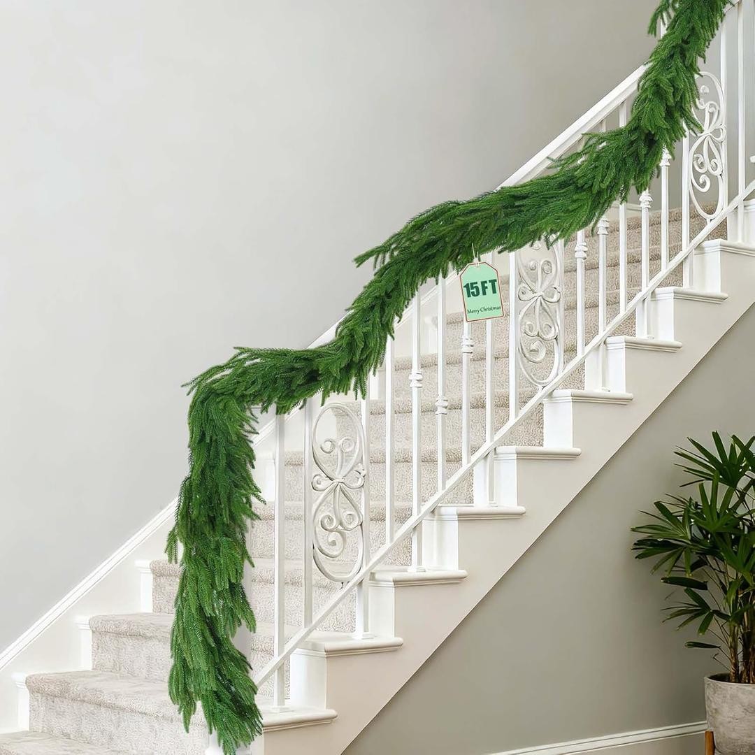 Extra Full 15FT Christmas Norfolk Pine Garland, Greenery Real Touch Decorations for Mantle Table Staircase Fireplace Mantel Porch Banister Holiday Home Winter Faux Xmas Indoor Outdoor Decor