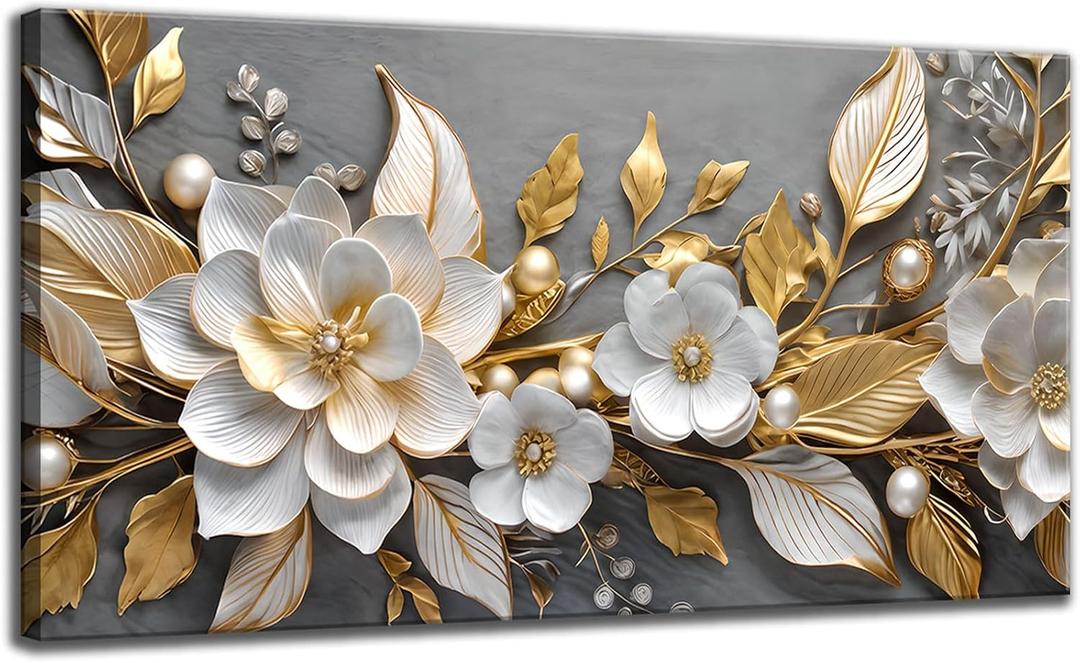 Large Living Floral Canvas Wall Art Gold White Plant Abstract Decor painting Pictures Modern Nordic Botanical Flowers Posters Prints for Bathroom Bedroom Office Hallway Home Decoration (40"L x 20"W)