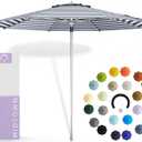 Midtown Umbrellas Push and Pop 8 Feet Outdoor Umbrella, Navy/White Stripes Polyester Fabric - Fiberglass Ribs Deck Patio Umbrella, Backyard Umbrella, Garden Umbrella & Pool Umbrella - Silver Pole