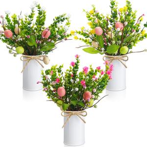 Riceshoot 3 Set Easter Table Centerpiece Artificial Egg Picks with Metal Pots Easter Sprays with Eggs Berries Eucalyptus Flowers Plants for Spring Home Decor(White)