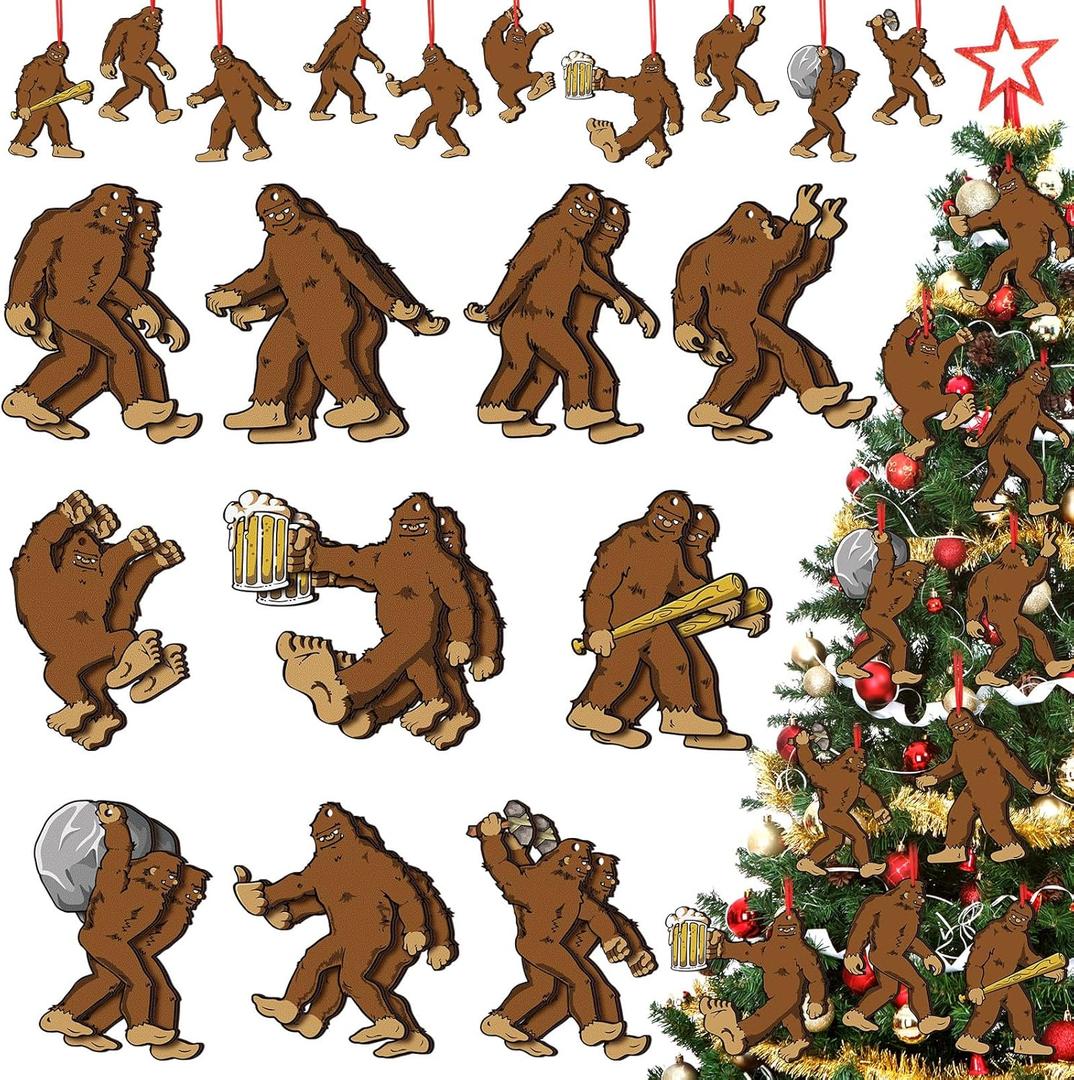20 Pcs Sasquatch Christmas Tree Ornament Wooden Bigfoot Hanging Bigfoot Funny Christmas Tree Decoration Big Foot Sasquatch Gifts for Xmas Birthday Party Supplies
