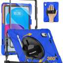 BRAECN for iPad (A16) 11th/10th Generation case 11/10.9 inch 2025/2022 Heavy Duty Shockproof Protective with Pencil Holder Screen Protector 360Rotating Stand Handle & Shoulder Strap Full Body Cover (Blue)