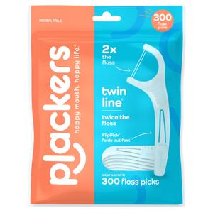 Plackers Twin Line Floss Picks with Tuffloss Fiber & FlipPick, Intense Mint, Double-Line Flosser for Effective Plaque Removal, 300 Count