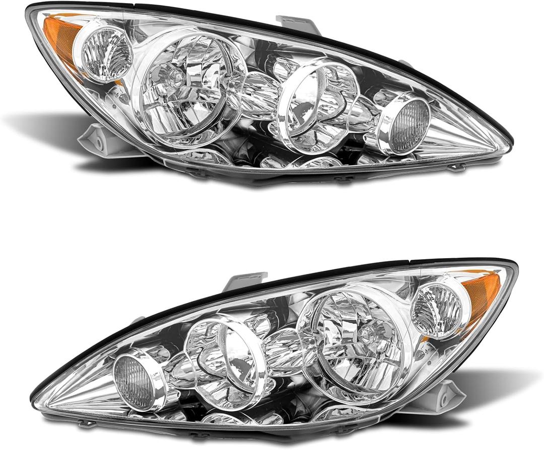 for 2005-2006 Camry Headlight Assembly compatible with 2005 2006 Toyota Camry Chrome Housing with Amber Reflector Headlamp Replacement Left and Right Pair