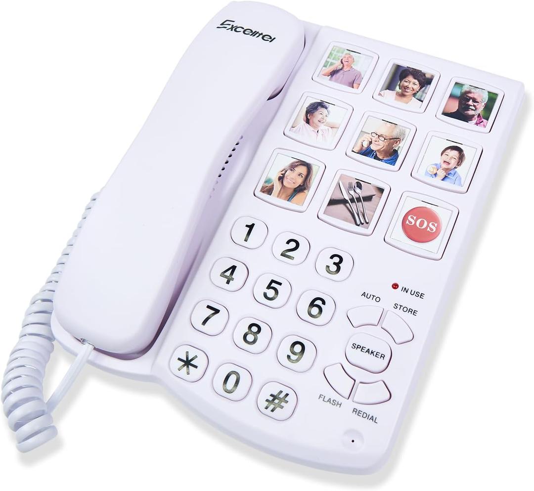 Big Button Phone for Seniors, Corded Landline Telephone with Handsfree Function and 9 Groups of Memory, One-Touch Dialling, Suitable for People with Vision Disorders/Hearing Damage (EX-LD-858HF)