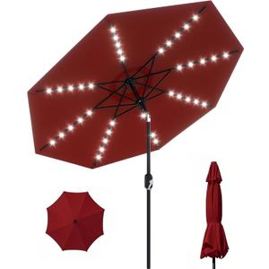 GarveeLife 10 ft Patio Umbrella with Solar Lights, 8 Ribs Outdoor Market Table Umbrella with 40 LED Lights & Tilt Crank for Pool, Deck, Backyard (Red)