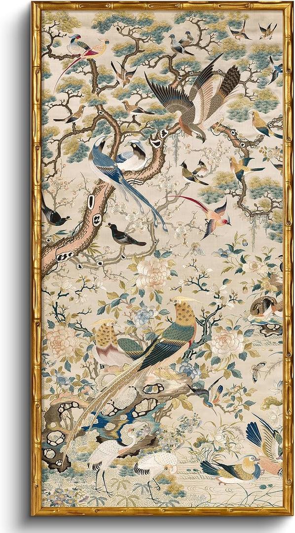 InSimSea Gold Bamboo Framed Wall Art,Chinoiserie Bird Flower Prints,20x40In