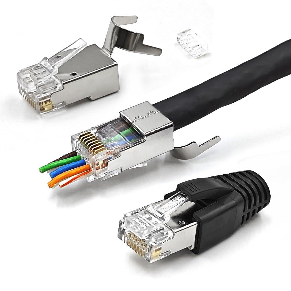 30 Pack Cat7 Cat6A Pass Through Shielded RJ45 Connector Modular Network 50 Gold-Plated Plug for Cat 6, Cat 6A, Cat 7 and Cat 8 with Strain Relief Boots