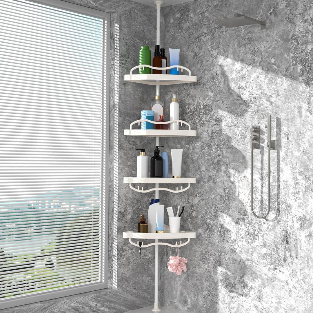 White Corner Shower Racks for Inside Shower - Heavy Duty Rustproof Stainless Steel Stand Shower Organizer with 4 Adjustable Shelves,No-Drill Free Standing for Bathroom, Bathtub,54" to 114" Tall