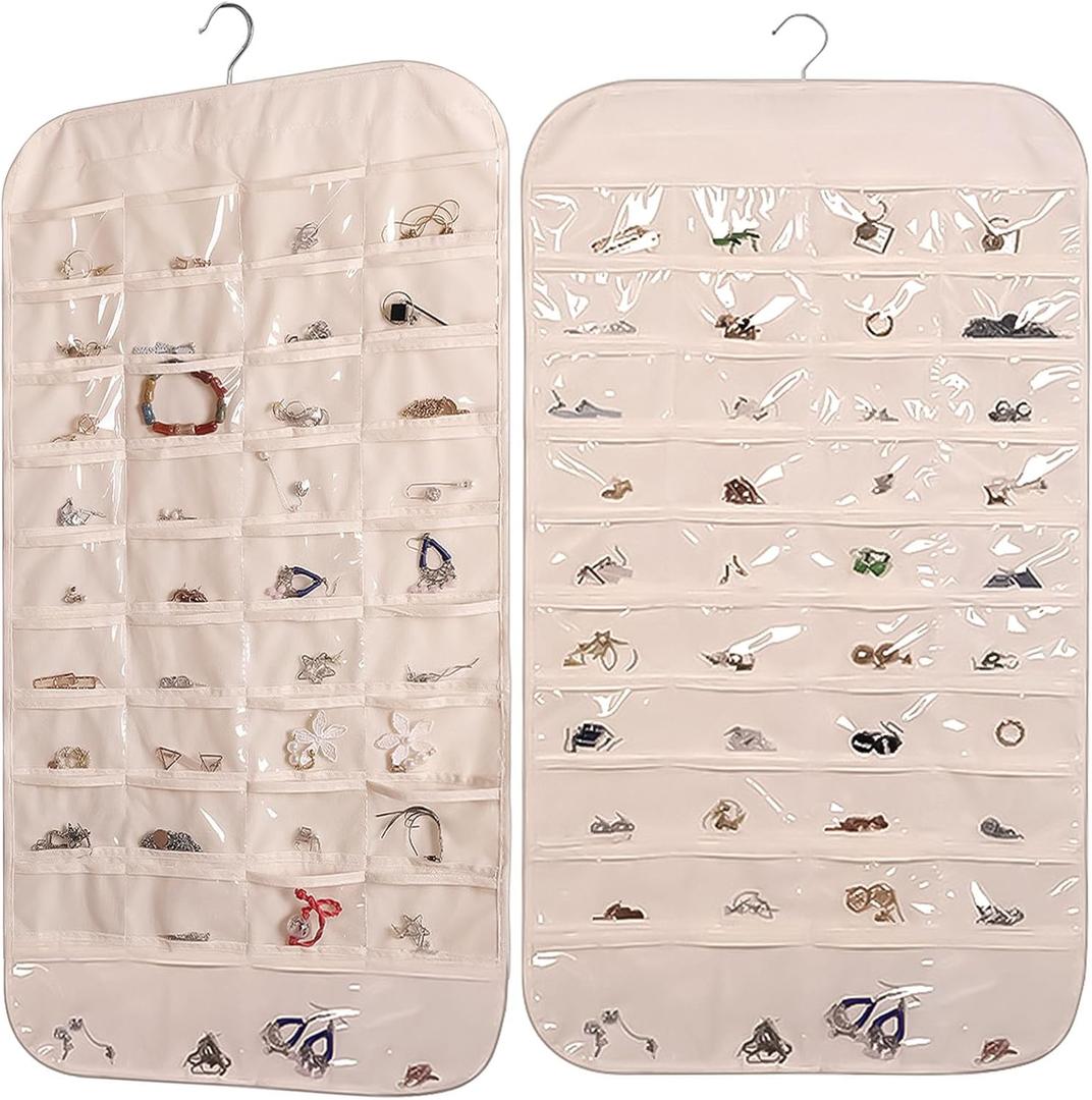 2PCS Hanging Jewelry Organizer Double Sided Necklace Storage Holder with 80 Clear Pockets Portable Necklace Holder Jewelry Bag for Earrings Necklace Bracelet