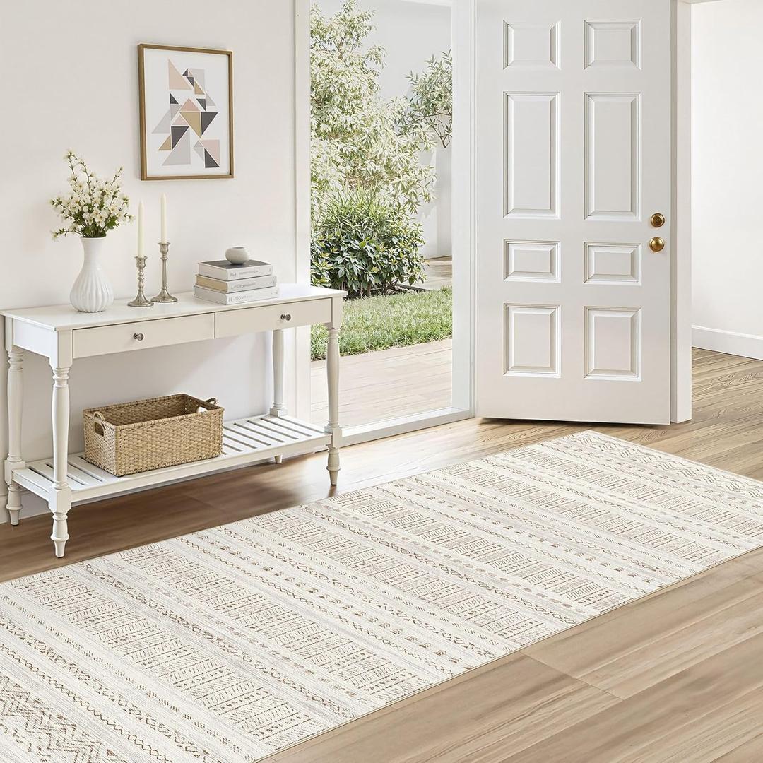 Area Rugs for Living Room Washable Living Room Rug Soft Neutral Indoor Floor Carpet Non-Slip Stain Resistant Modern Boho Rugs for Bedroom Dining Room Kids Room Nursery Office Home Brown Cream (2'6" x 8' (Runner))