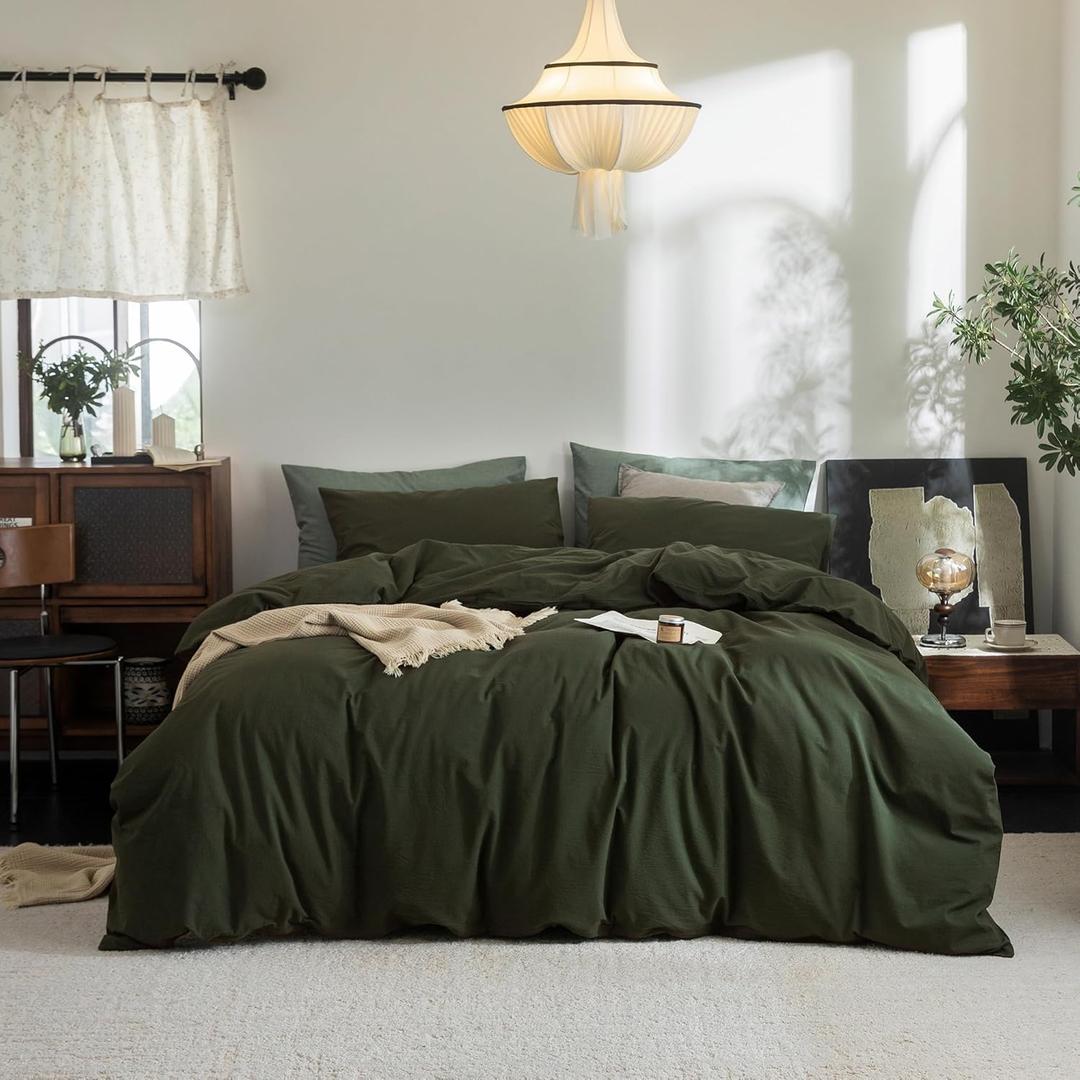 FOSSA Duvet Cover Set 100% Washed Cotton Linen Feel Super Soft Breathable Cozy 3 Pieces Bedding Sets Solid Olive Green Twin (Twin (68"  90"))