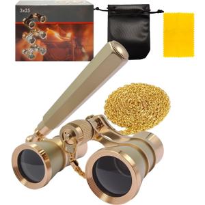 3X25 Opera Glasses Theater Binoculars with Adjustable Handle & Chain, Small Elegant Glasses for Adults Women Vintage Portable Costume Binoculars for Musical Concerts Cinema (Gold)