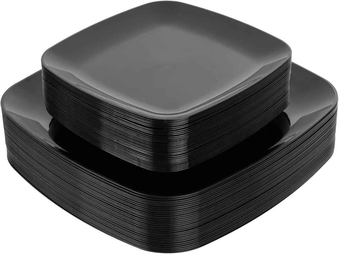 PULOTE 60PCS Black Square Plastic Plates Disposable - Include 30 Dinner and 30 Dessert Plates,Ideal for Party&Graduation