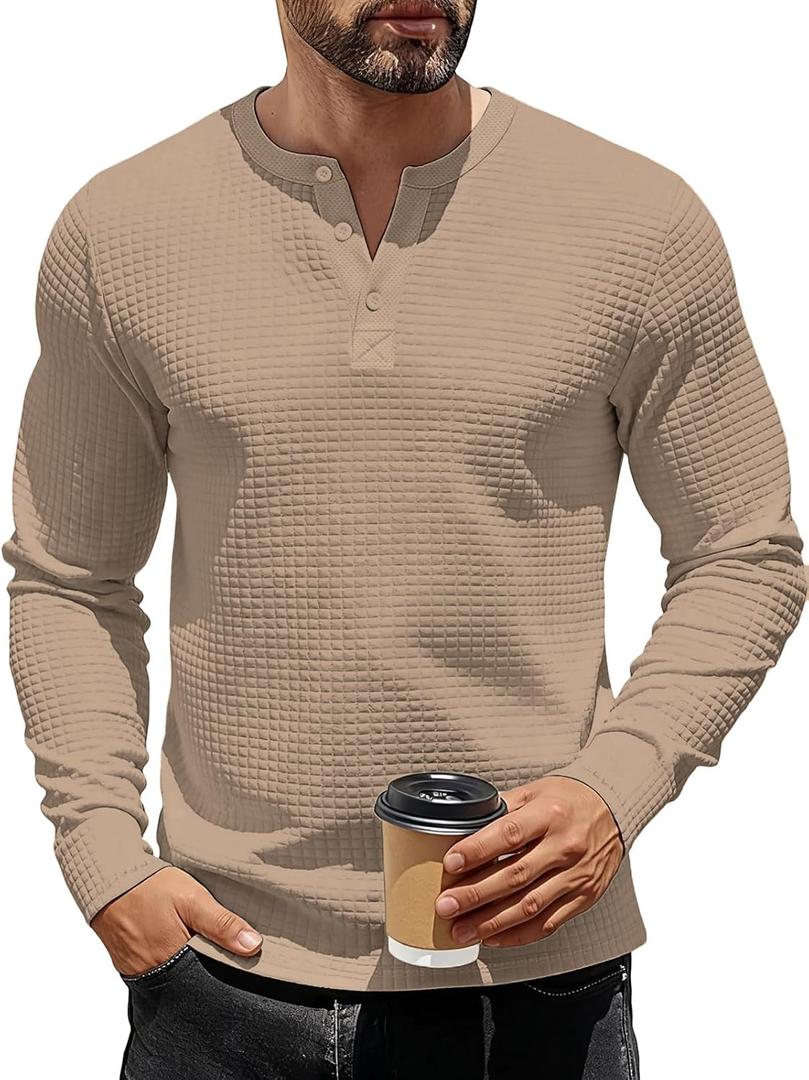 TAFLE Men's Henley Shirts Long Sleeve Casual Waffle T-Shirts Button Pullover Sweaters Tee Shirt (X-Large, Khaki)