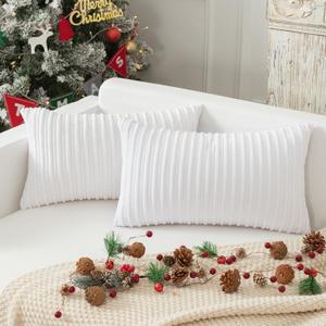 Kevin Textile Set of 2 Oblong Pillow Covers 12x20 Decor Decorative Striped Corduroy Solid Cushion Cover Lumbar Throw Pillowcase for Sofa Kids Toddler, 30 x 50cm,Pure White