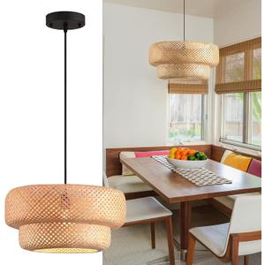 Bamboo Lights Fixtures 14.2in Rattan Pendant Light Kitchen Island 2-Tier Wicker Hanging Lights Boho Dining Room Lighting Woven Chandelier for Bedroom Restaurants Reading Nook Foyer