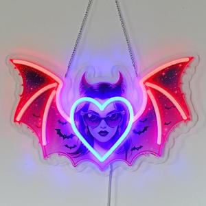 Monst Neon Sign - 15.7" x 10" Gothic Vampire LED Wall Light, Red/Blue Glow, Dimmable USB Decor - Dark Fantasy Gift for Game Room