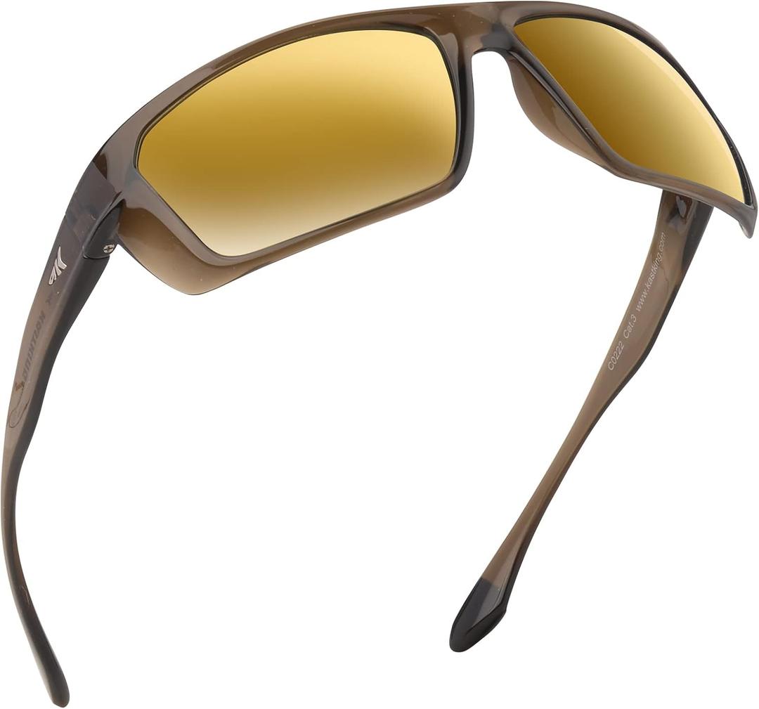 KastKing Huzzah Polarized Sport Sunglasses for Men and Women, Ideal for Driving Fishing Cycling and Running,UV Protection, Frame: Gloss Tal Dark Olive /Lens: Green - Glod Mirror