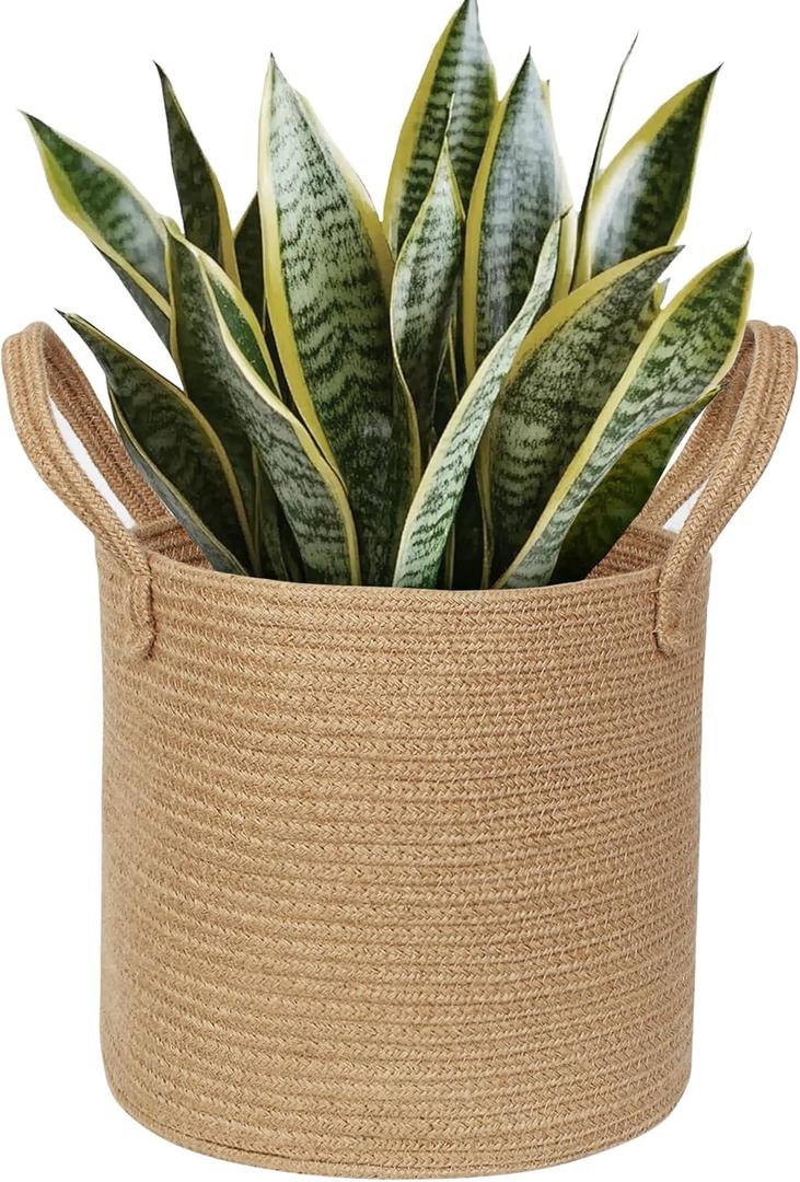 Round Wicker Basket with Handle, 11"x11" Woven Jute Plant Basket for 10" Pot, Indoor Boho Tree Planter, Decorative Flower Pot Cover, Rustic Holder for Plants and Decor, Shoe Bin for Entryway