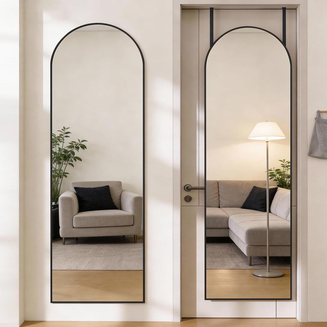 DUMOS 47"x14" Full Length Door Mirror, Arched Full Body Mirror, Black