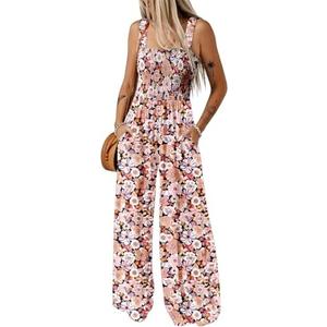 Dokotoo Women's Casual Loose Overalls Jumpsuits One Piece Sleeveless Printed Wide Leg Long Pant Rompers With Pockets, XL