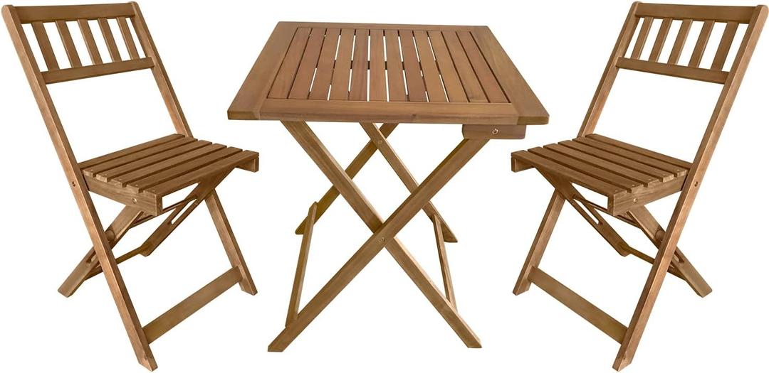3-Piece Acacia Wood Folding Patio Bistro Set Outdoor Bistro Set Table and Chairs Set with 2 Chairs and Square Table for Pool Beach Backyard Balcony Porch Deck Garden Wooden Furniture, Natural, Onesize