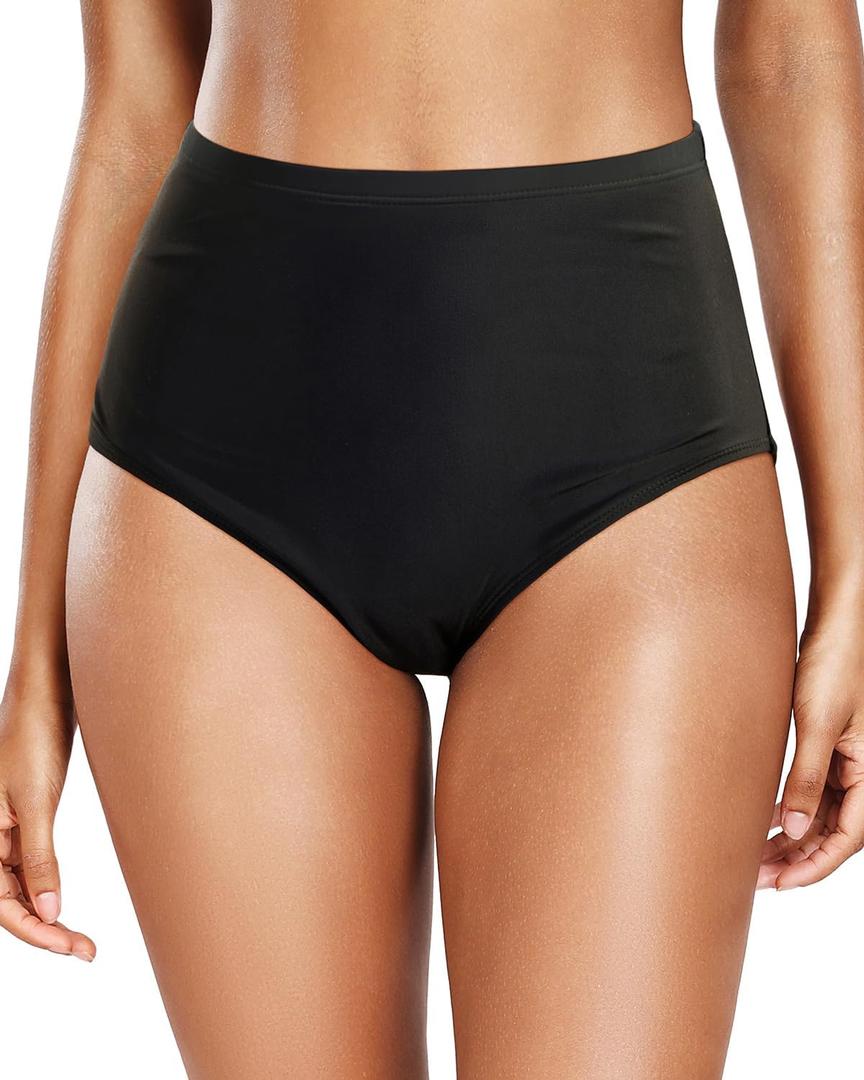 Zmart Women's High Waisted Bikini Bottom - Full Coverage Tummy Control Swimsuit Bathing Suit Swim Bottoms (Large, Black)