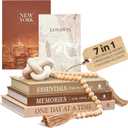 JULZEN Linen Decorative Books for Home Decor - Aesthetic Set of 3 Beige Fake Books for Coffee Table Decor with Faux Book Box Storage, Wood Knot & Bead Garland - Neutral Living Room Decoration