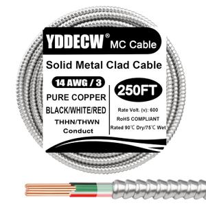 250ft 14/3 Metal Clad (MC) Cable with Ground, 10 Gauge Electric Wire with Aluminum Armor, Solid Bare Copper Conductors for Indoor Outdoor Underground Embedded Installation (14/3, 250 ft)