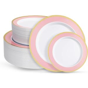 100PCS Pink Disposable Plastic Plates Include 50PCS 10.25inch Dinner Plate and 50PCS 7.5inch Dessert Plate Heavy Duty Plastic Dinnerware for Party Wedding Anniversary New Year