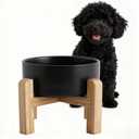 Elevated/Raised Ceramic Dog Bowl with Bamboo Stand6 Inch 3.6 Cups Non Slip Heavy Weighted Single Pet Dish, for Small Medium Breed & Cats,Reduces Neck Strain Black