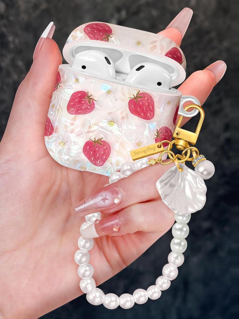 Coralogo for AirPods 2nd/1st Case with Pearl Keychain - Cute Women Glitter Shell Design Cover Girls Girly Pretty Stylish Kawaii Girlish Protective for Apple for AirPods 2/1 Case, Strawberry
