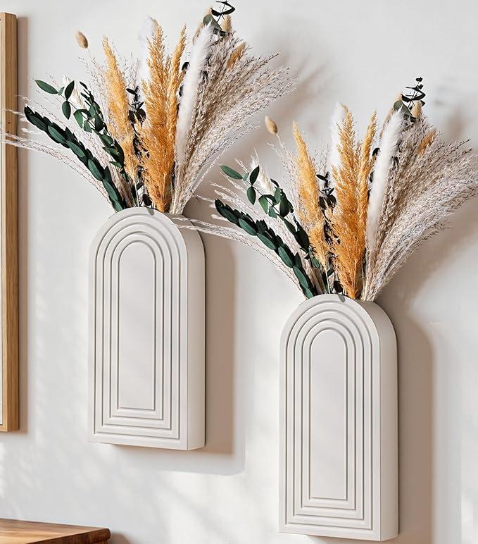 DREAMLOOM 2 Pack Wooden Wall Vases with Fake Plants, Wall Hanging Planters Boho Modern Farmhouse Indoor for Narrow Spaces Entryway Bathroom Home Office Decoration, White
