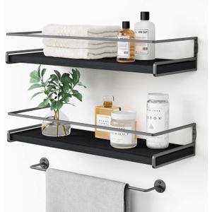 Forbena Black Floating Shelves for Bathroom Wall Set of 2, Kitchen Spice Rack Wall Mount, Modern Wood Hanging Wall Shelves for Bedroom Organizer, Restroom Pantry Closet Storage (Grey-Black)